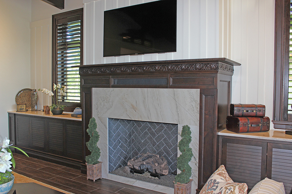 #990 Wood (Alder) Fireplace & Built-InCabinets w/Louvered Doors & Carved Mouldings